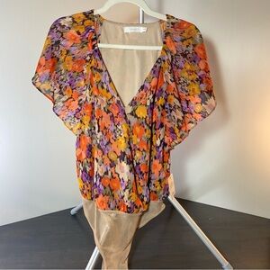 NWT Lush Floral Bodysuit in Orange, Purple, and Cream